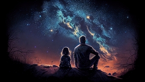 夜晚父女看唯美星空图片